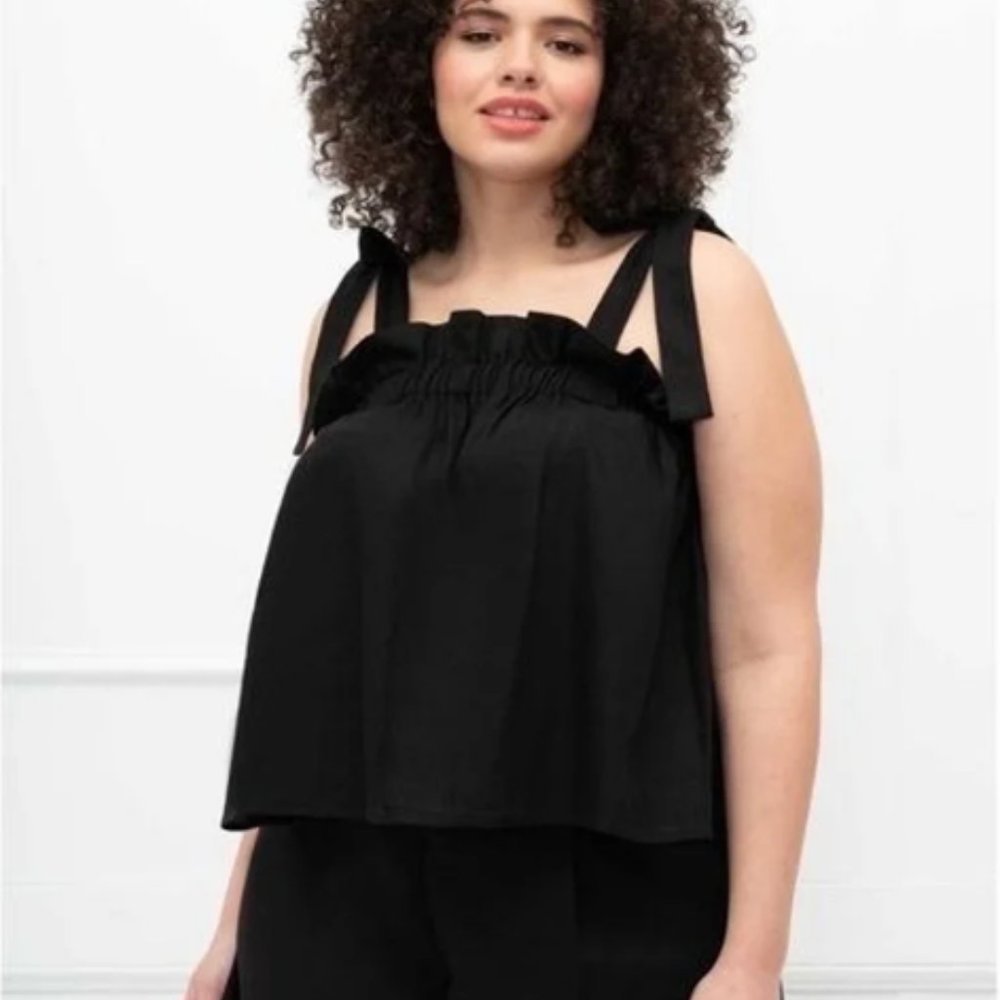 Eloquii Elements Linen Blend Tie Shoulder Black Tank